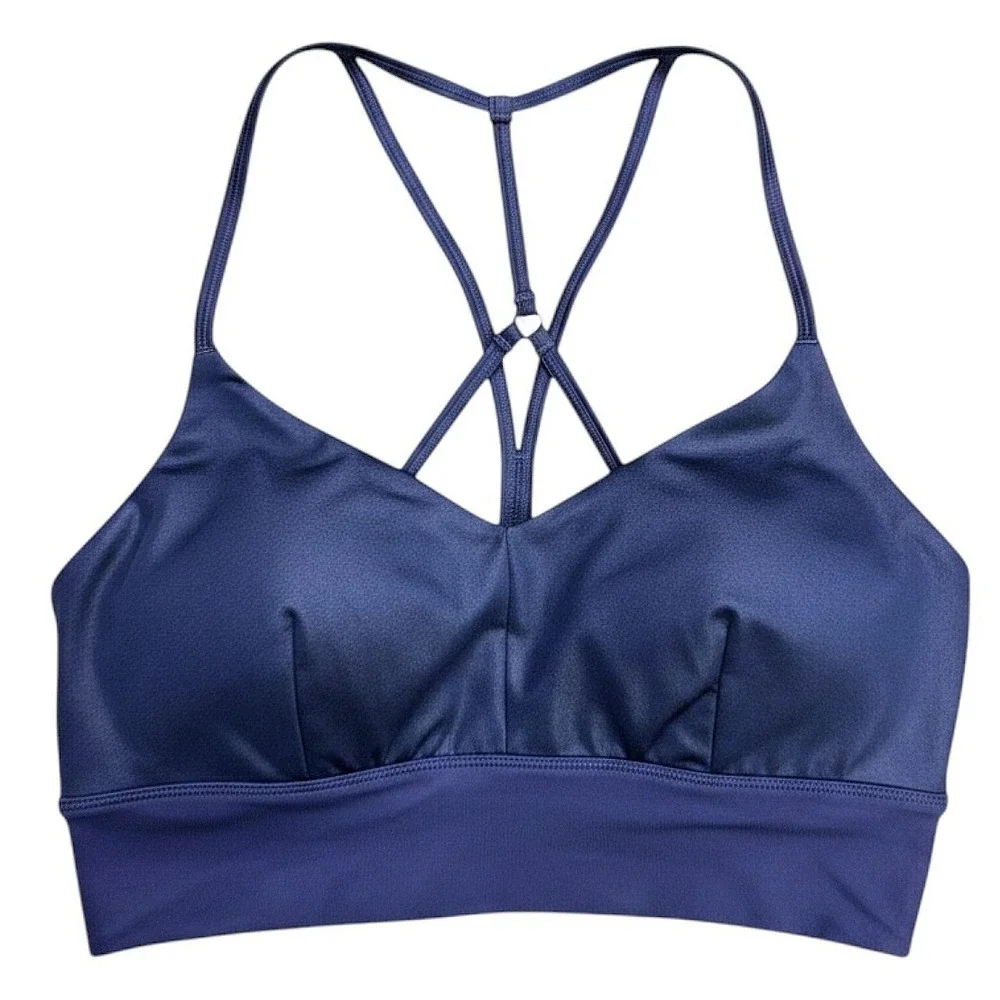 Alo Yoga Navy Blue Strappy Crisscross Back Sports Bra Medium V-Neck Metallic